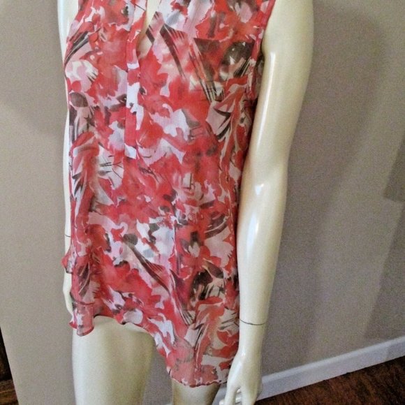 Pretty Coral Floral Hi-Lo Tunic sz M Sheer Crepe Chiffon - Picture 10 of 11